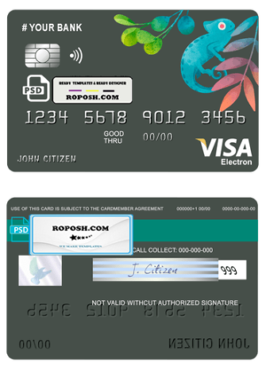 bueno tropical universal multipurpose bank visa electron credit card template in PSD format, fully editable
