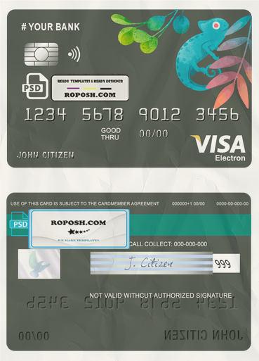 bueno tropical universal multipurpose bank visa electron credit card template in PSD format, fully editable scan effect