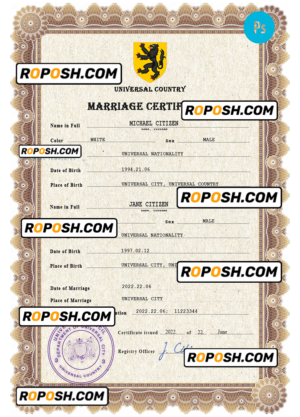 ceremony universal marriage certificate PSD template, completely editable