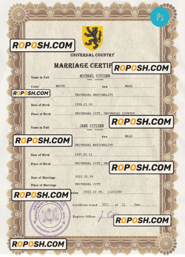ceremony universal marriage certificate PSD template, completely editable