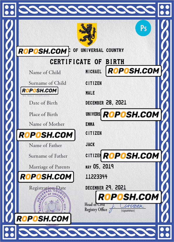 certificatetastic universal birth certificate PSD template, fully editable