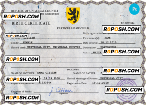 champion vibe universal birth certificate PSD template, fully editable