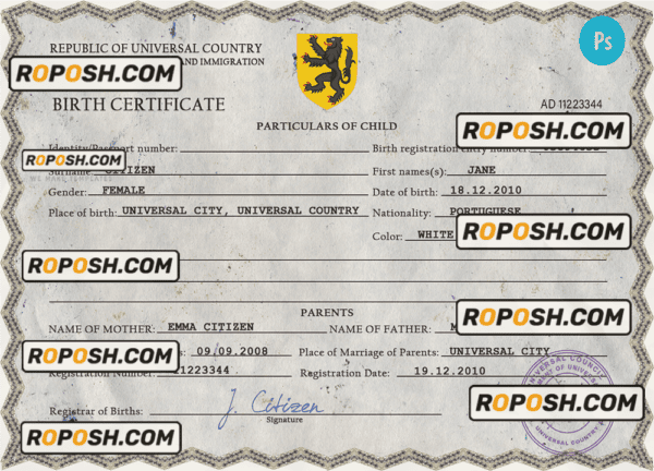champion vibe universal birth certificate PSD template, fully editable