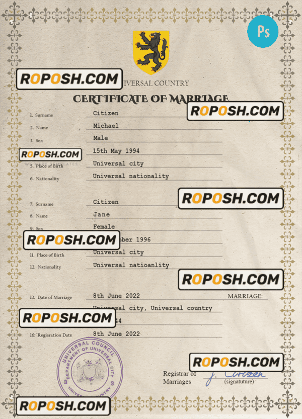 charm universal marriage certificate PSD template, fully editable