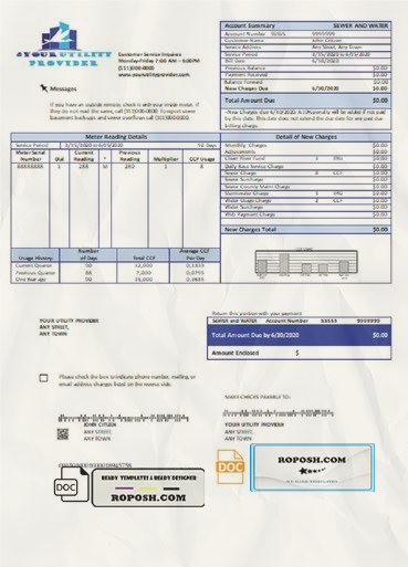 city stork universal multipurpose utility bill template in Word format scan effect