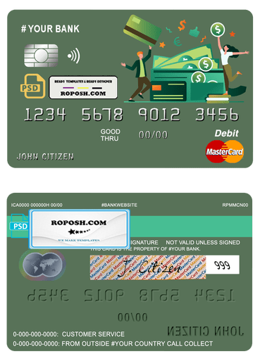 click money universal multipurpose bank mastercard debit credit card template in PSD format, fully editable
