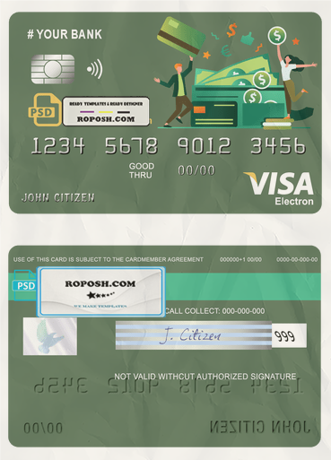 click money universal multipurpose bank visa electron credit card template in PSD format, fully editable scan effect