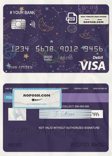 creative space universal multipurpose bank visa credit card template in PSD format, fully editable scan effect