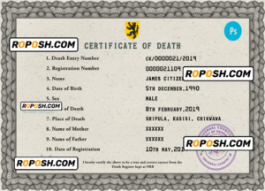 deathprism death universal certificate PSD template, completely editable