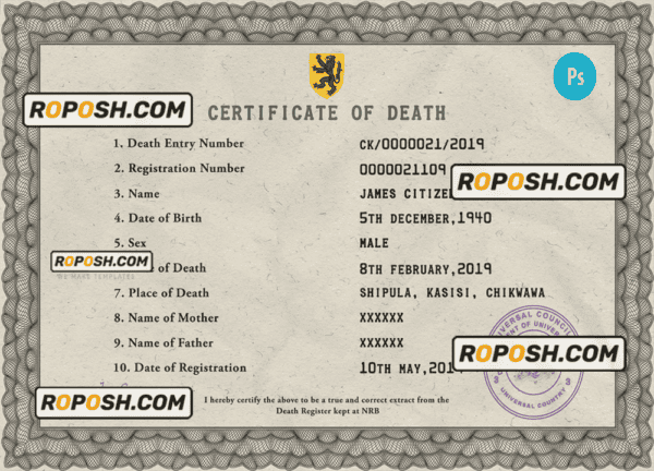 deathprism death universal certificate PSD template, completely editable
