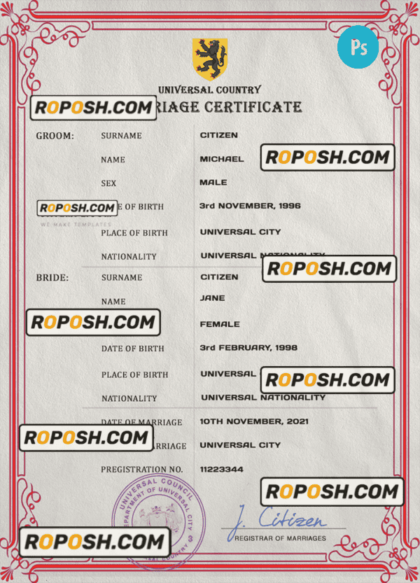 delight universal marriage certificate PSD template, fully editable