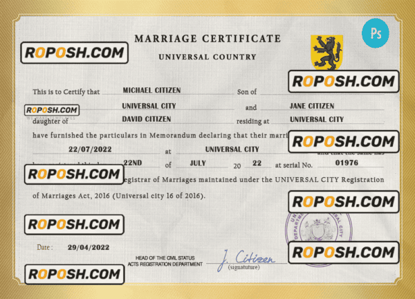 destiny universal marriage certificate PSD template, completely editable