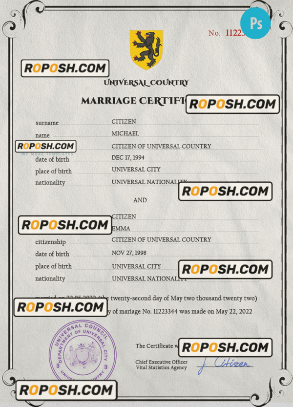 destiny universal marriage certificate PSD template, completely editable