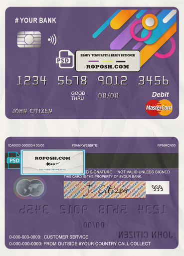 detail line universal multipurpose bank mastercard debit credit card template in PSD format, fully editable scan effect