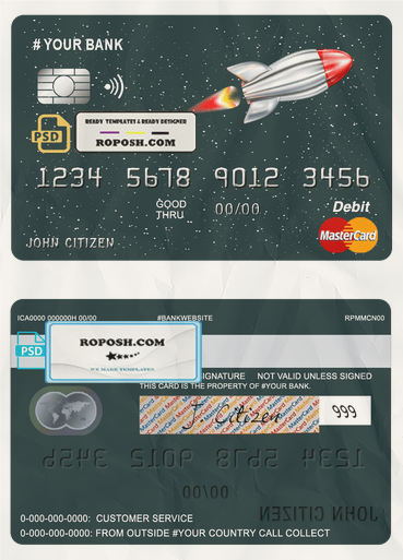 direct rocket universal multipurpose bank mastercard debit credit card template in PSD format, fully editable scan effect