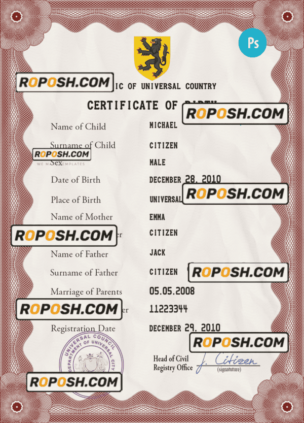disclosure universal birth certificate PSD template, fully editable