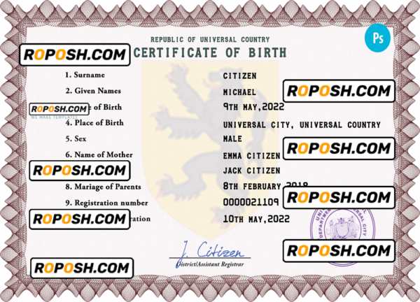 discover universal birth certificate PSD template, fully editable