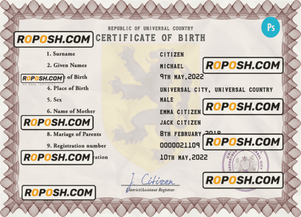 discover universal birth certificate PSD template, fully editable