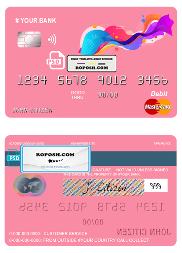 draw colorful universal multipurpose bank mastercard debit credit card template in PSD format, fully editable