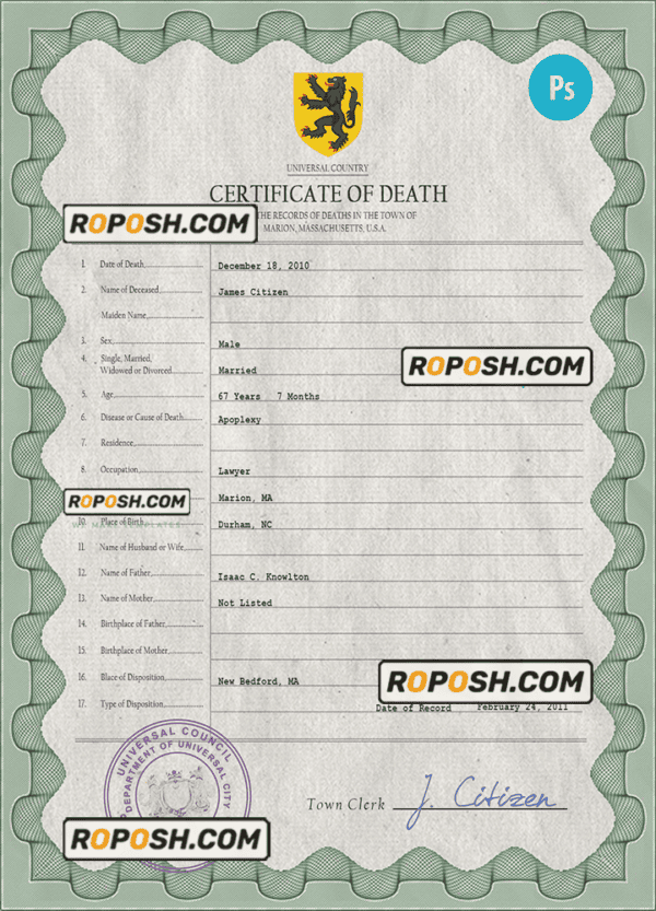 flight death universal certificate PSD template, completely editable