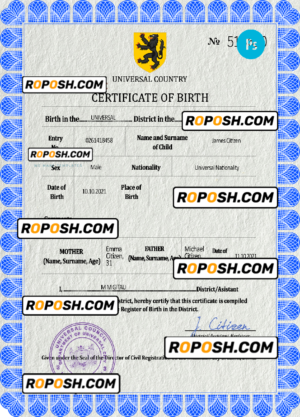 flow universal birth certificate PSD template, fully editable