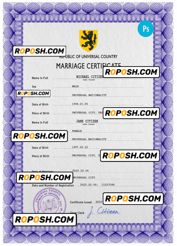 focal universal marriage certificate PSD template, fully editable