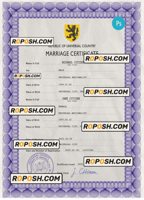 focal universal marriage certificate PSD template, fully editable