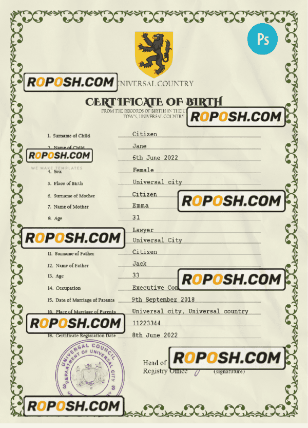 foster universal birth certificate PSD template, fully editable