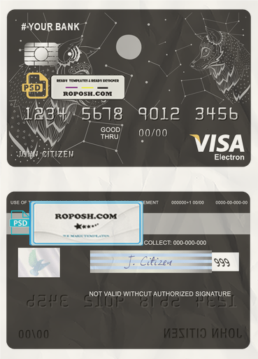 galaxy wolf universal multipurpose bank visa electron credit card template in PSD format, fully editable scan effect