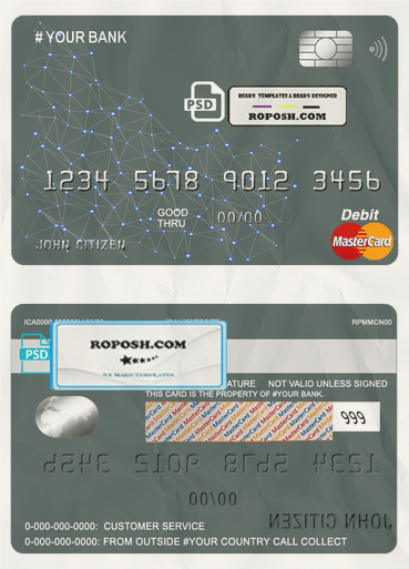 geometrex universal multipurpose bank mastercard debit credit card template in PSD format, fully editable scan effect