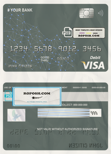 geometrex universal multipurpose bank visa credit card template in PSD format, fully editable scan effect
