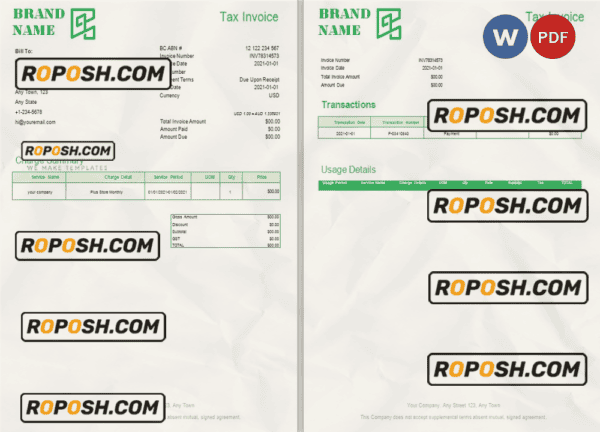 green brand universal multipurpose invoice template in Word and PDF format, fully editable