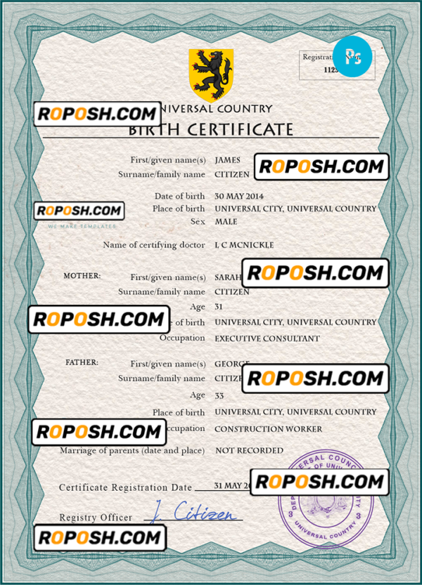 honor universal birth certificate PSD template, completely editable