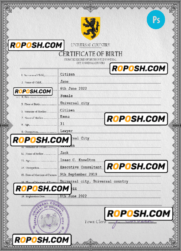 horizon universal birth certificate PSD template, fully editable