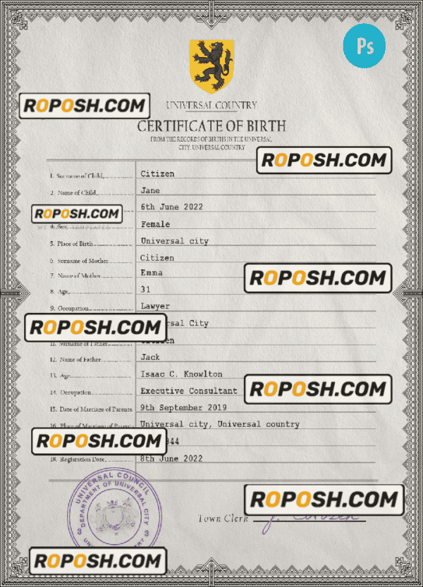 horizon universal birth certificate PSD template, fully editable