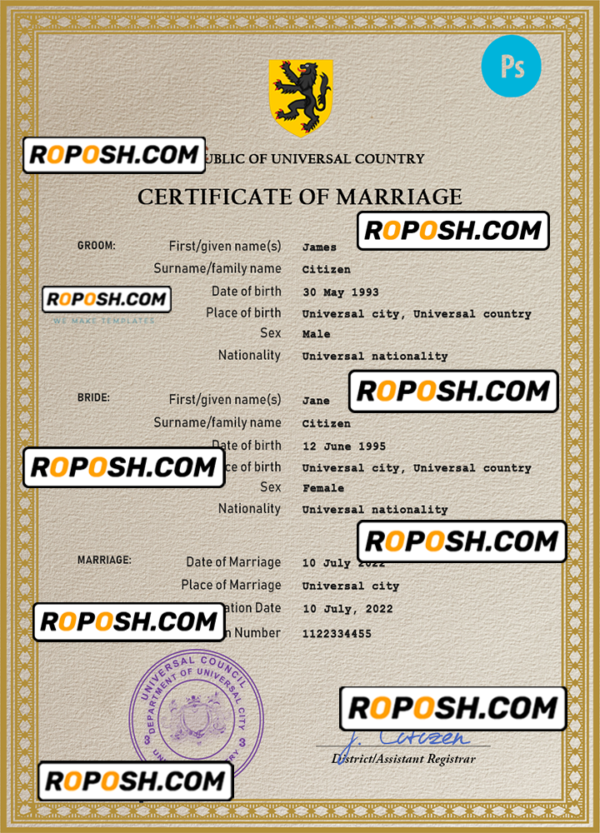instict universal marriage certificate PSD template, fully editable