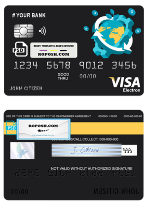 jet world universal multipurpose bank visa electron credit card template in PSD format, fully editable