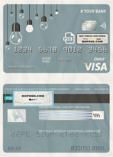 king lamp universal multipurpose bank visa credit card template in PSD format, fully editable scan effect