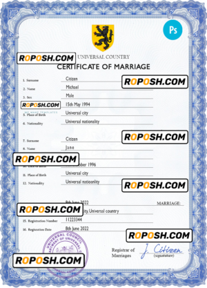 lensman universal marriage certificate PSD template, fully editable