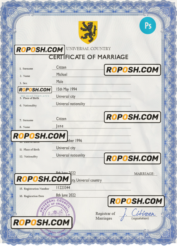 lensman universal marriage certificate PSD template, fully editable scan effect