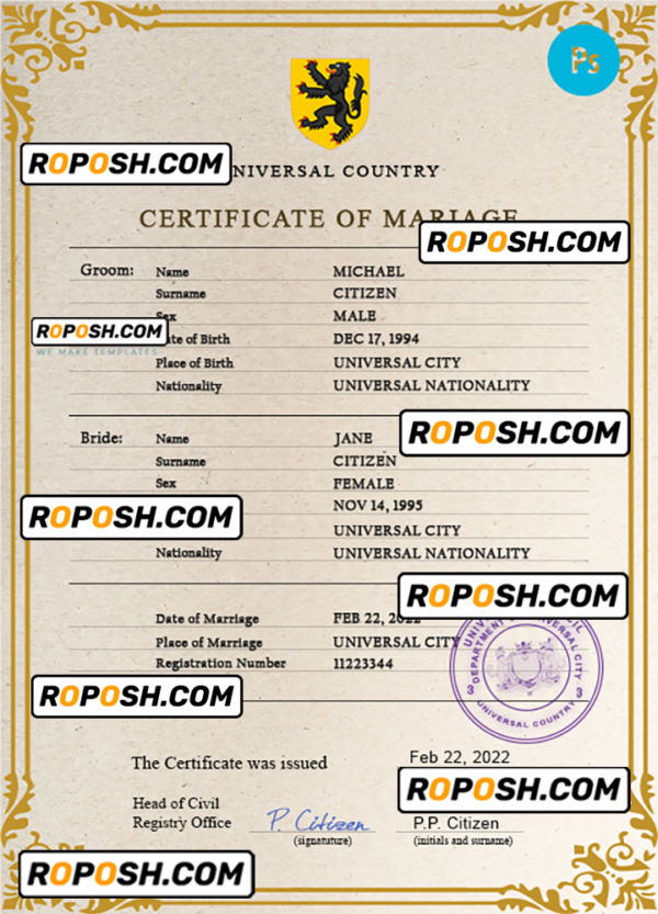 license universal marriage certificate PSD template, fully editable