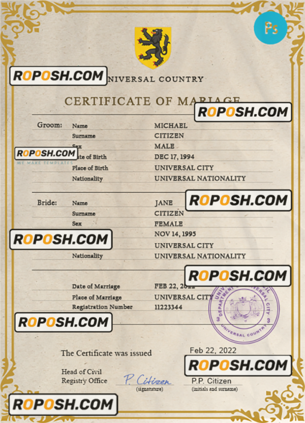 license universal marriage certificate PSD template, fully editable scan effect