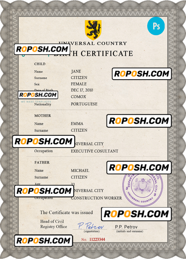 limitless split universal birth certificate PSD template, fully editable