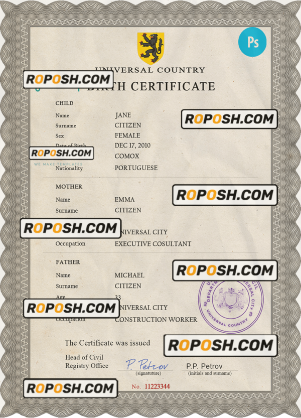 limitless split universal birth certificate PSD template, fully editable scan effect