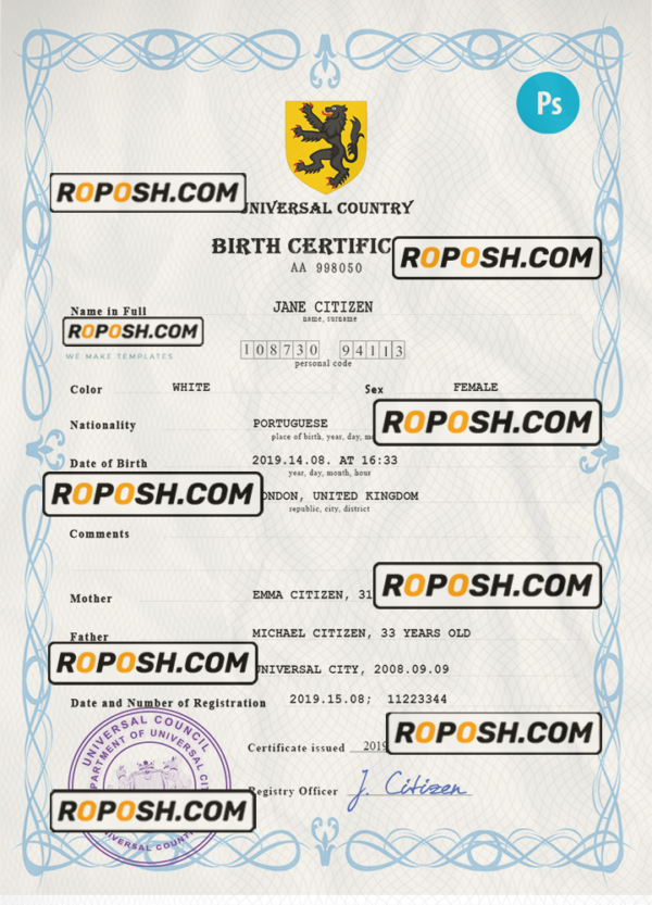 major universal birth certificate PSD template, fully editable scan effect