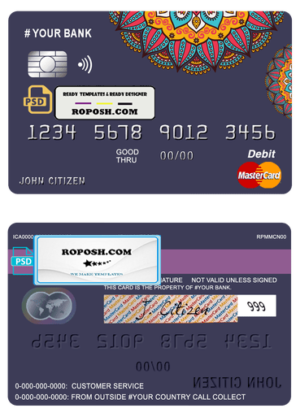 mandala jasmine universal multipurpose bank mastercard debit credit card template in PSD format, fully editable
