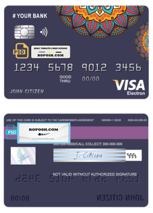 mandala jasmine universal multipurpose bank visa electron credit card template in PSD format, fully editable