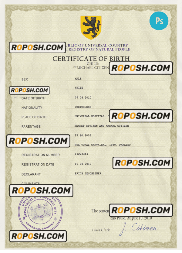 master accord birth certificate universal PSD template