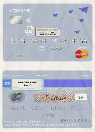 medium trip universal multipurpose bank mastercard debit credit card template in PSD format, fully editable scan effect