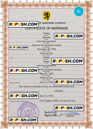 microfilm universal marriage certificate PSD template, fully editable